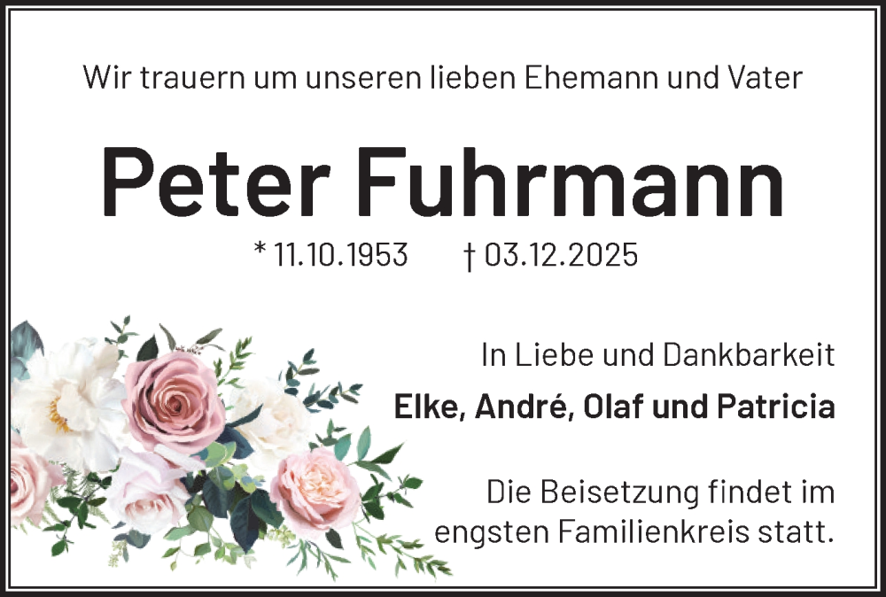  Traueranzeige für Peter Fuhrmann vom 13.12.2025 aus Märkische Oderzeitung