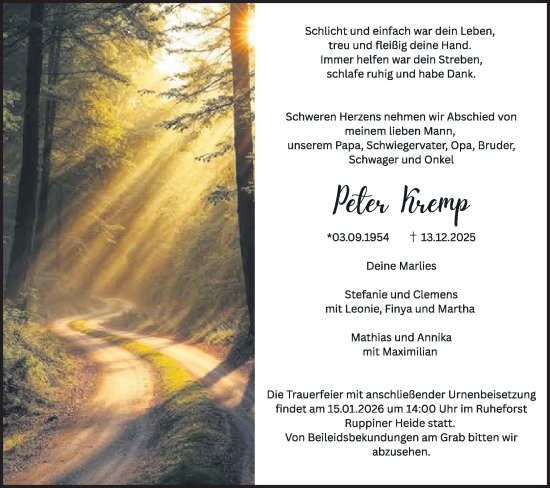 Traueranzeige von Peter Kremp von Märkische Oderzeitung