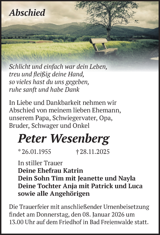 Traueranzeige von Peter Wesenberg von MO Oderld.-Echo