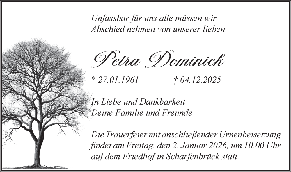  Traueranzeige für Petra Dominick vom 13.12.2025 aus Blickpunkt Jüterbog/Luckenwalde