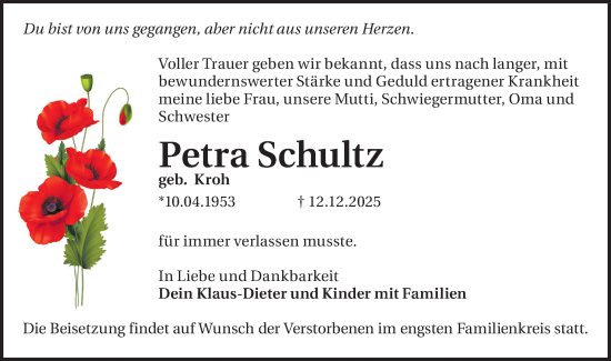 Traueranzeige von Petra Schultz von Blickpunkt Ludwigsfelde/Zossen