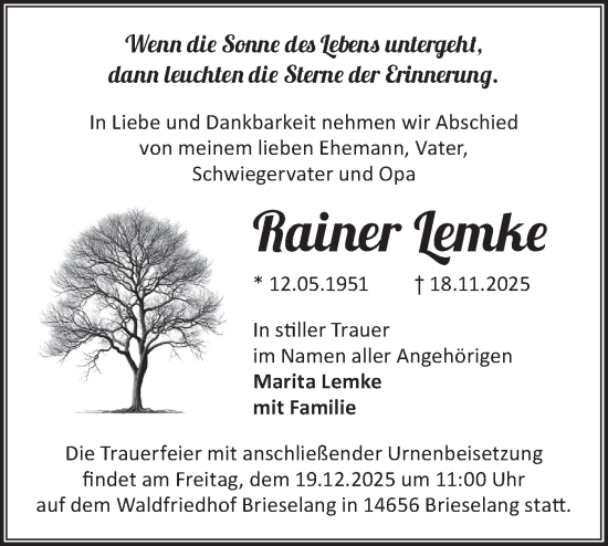 Traueranzeige von Rainer Lemke von Märkische Oderzeitung