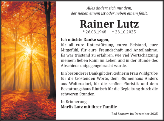 Traueranzeige von Rainer Lutz von Märkische Oderzeitung