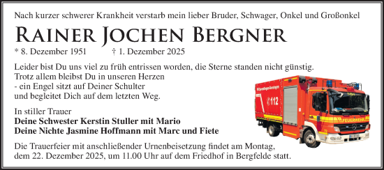 Traueranzeige von Rainer Jochen Bergner von Märkische Oderzeitung