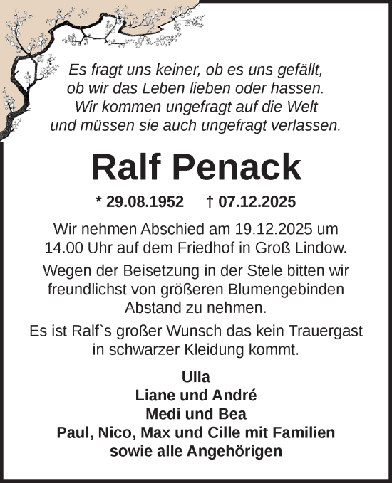 Traueranzeige von Ralf Penack von Märkische Oderzeitung