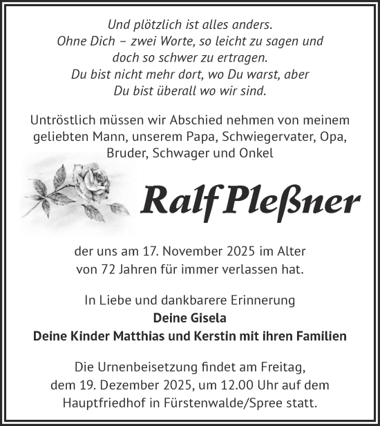 Traueranzeige von Ralf Pleßner von Märkische Oderzeitung