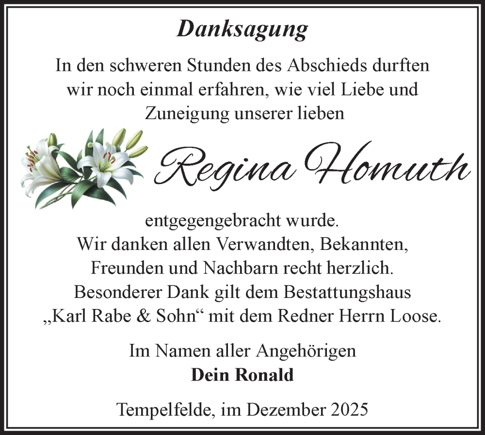  Traueranzeige für Regina Homuth vom 20.12.2025 aus Märkische Oderzeitung