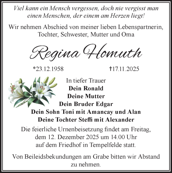 Traueranzeige von Regina Homuth von Märkische Oderzeitung