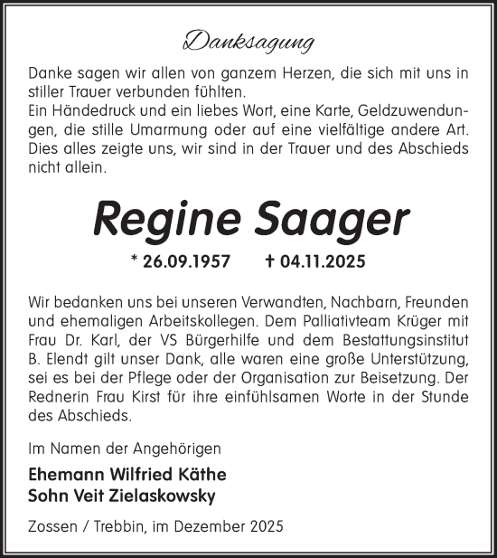 Traueranzeige von Regine Saager von Blickpunkt Ludwigsfelde/Zossen