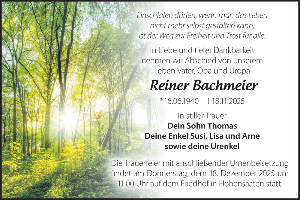  Traueranzeige für Reiner Bachmeier vom 06.12.2025 aus MO Oderld.-Echo