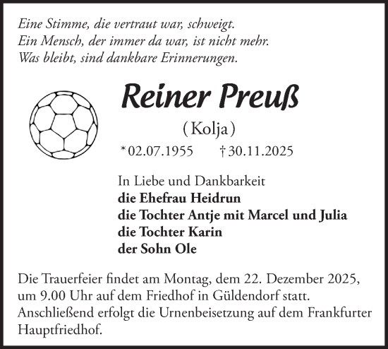 Traueranzeige von Reiner Preuß von Märkische Oderzeitung