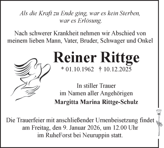 Traueranzeige von Reiner Rittge von Märkische Oderzeitung