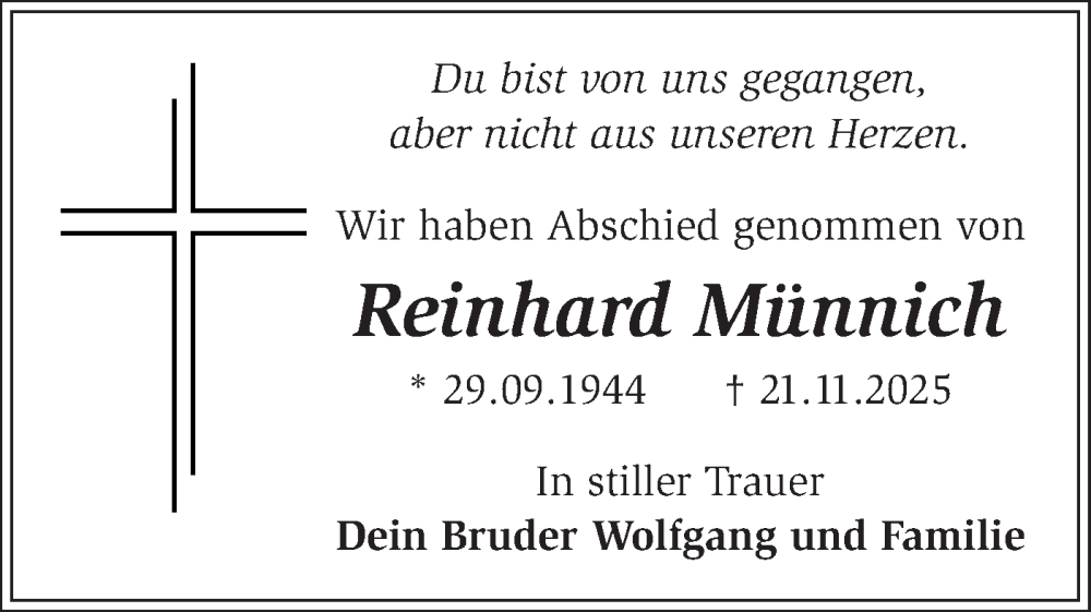  Traueranzeige für Reinhard Münnich vom 20.12.2025 aus Märkische Oderzeitung