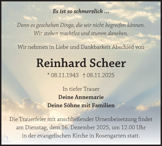 Traueranzeige von Reinhard Scheer von Märkische Oderzeitung