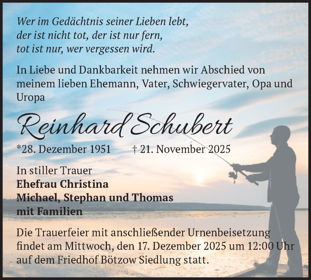  Traueranzeige für Reinhard Schubert vom 13.12.2025 aus Märkische Oderzeitung