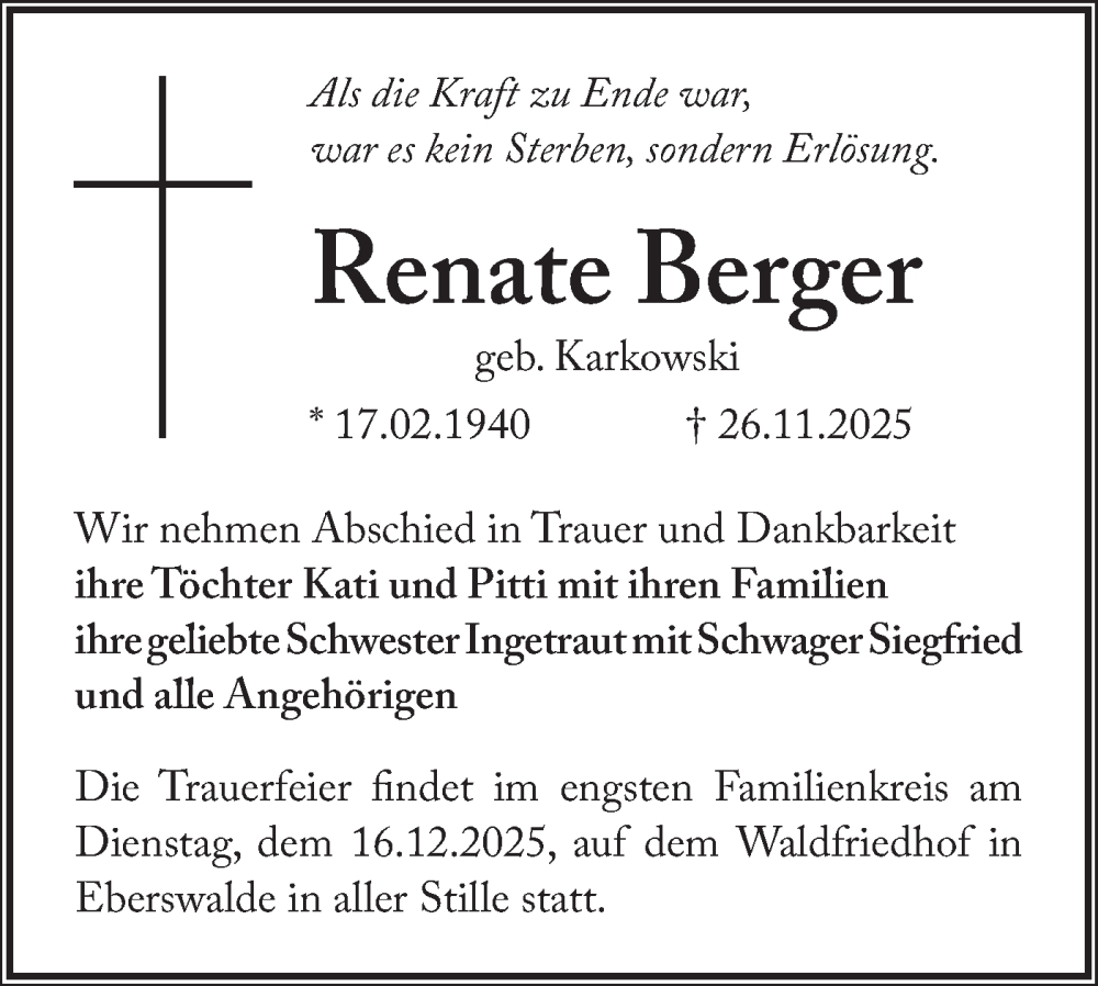  Traueranzeige für Renate Berger vom 13.12.2025 aus Märkische Oderzeitung