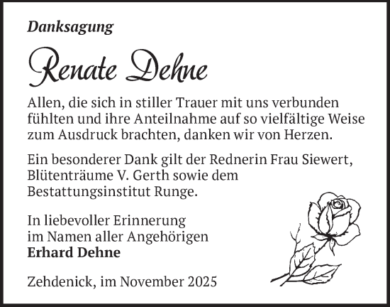 Traueranzeige von Renate Dehne von Märkische Oderzeitung