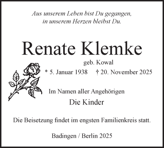 Traueranzeige von Renate Klemke von Märkische Oderzeitung