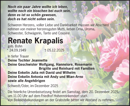 Traueranzeige von Renate Krapalis von MO Uckerm.-Anz.