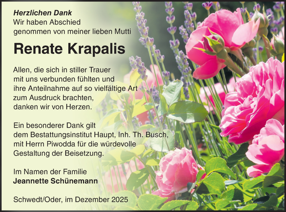  Traueranzeige für Renate Krapalis vom 27.12.2025 aus MO Uckerm.-Anz.