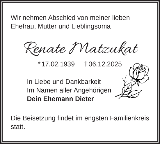 Traueranzeige von Renate Matzukat von Märkische Oderzeitung