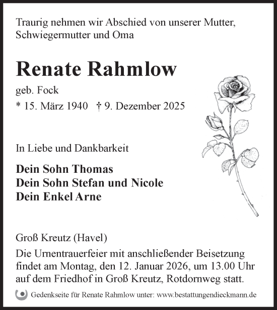 Traueranzeige von Renate Rahmlow von Märkische Oderzeitung