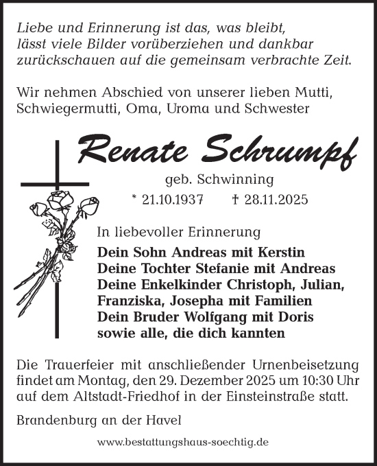 Traueranzeige von Renate Schrumpf von Märkische Oderzeitung