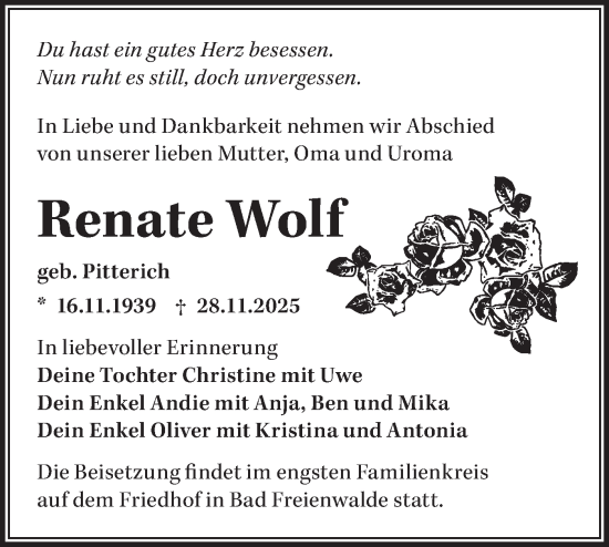 Traueranzeige von Renate Wolf von MO Oderld.-Echo