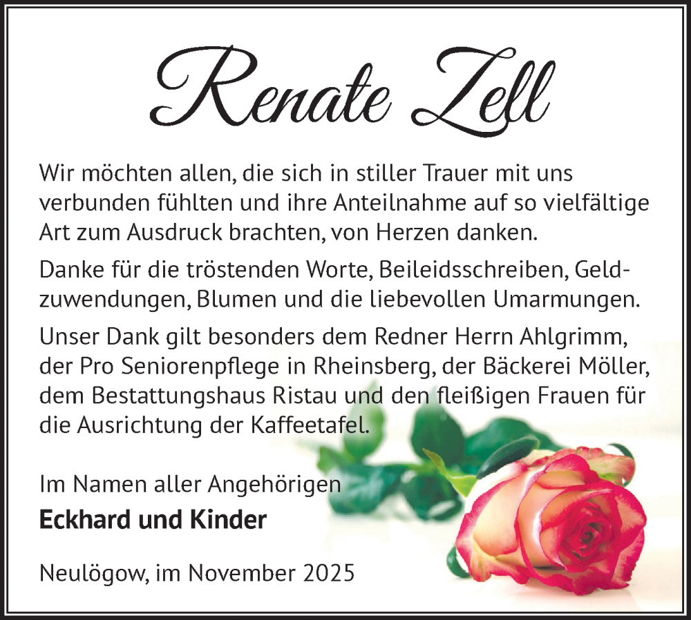 Traueranzeige für Renate Zell vom 06.12.2025 aus Märkische Oderzeitung