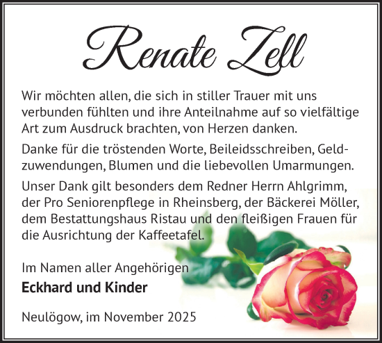 Traueranzeige von Renate Zell von Märkische Oderzeitung