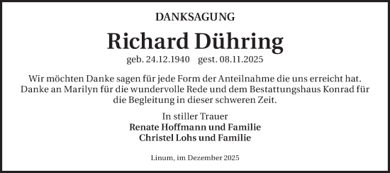 Traueranzeige von Richard Dühring von Märkische Oderzeitung