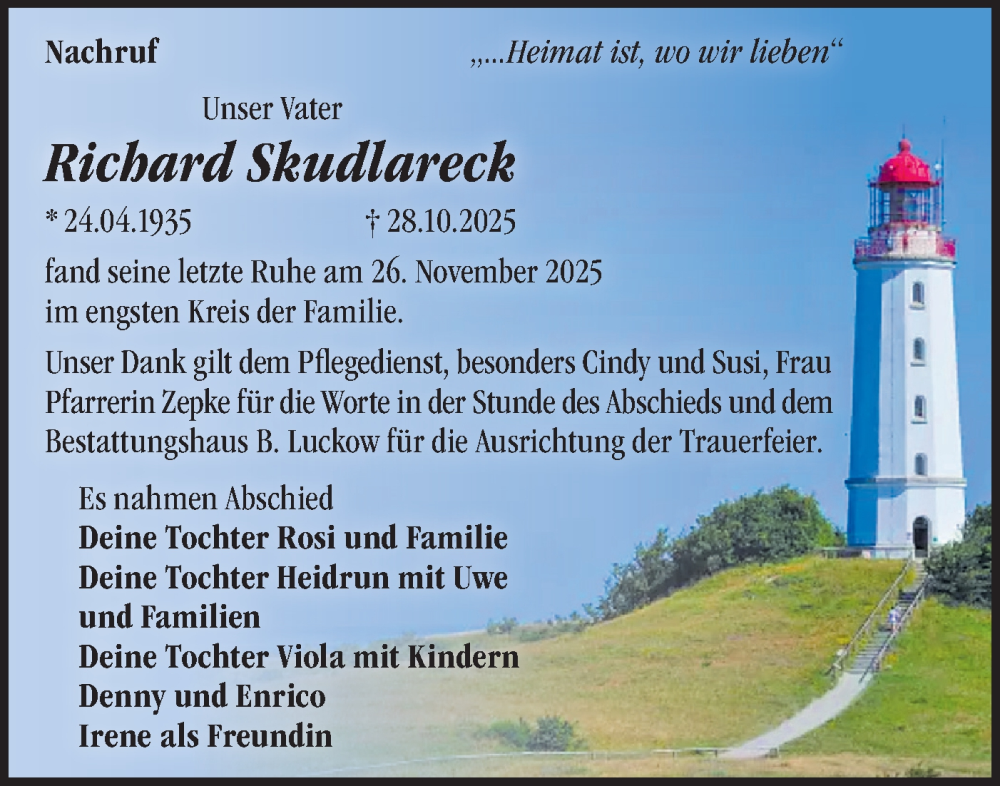  Traueranzeige für Richard Skudlareck vom 09.12.2025 aus MO Uckerm.-Anz.