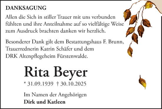 Traueranzeige von Rita Beyer von Märkische Oderzeitung