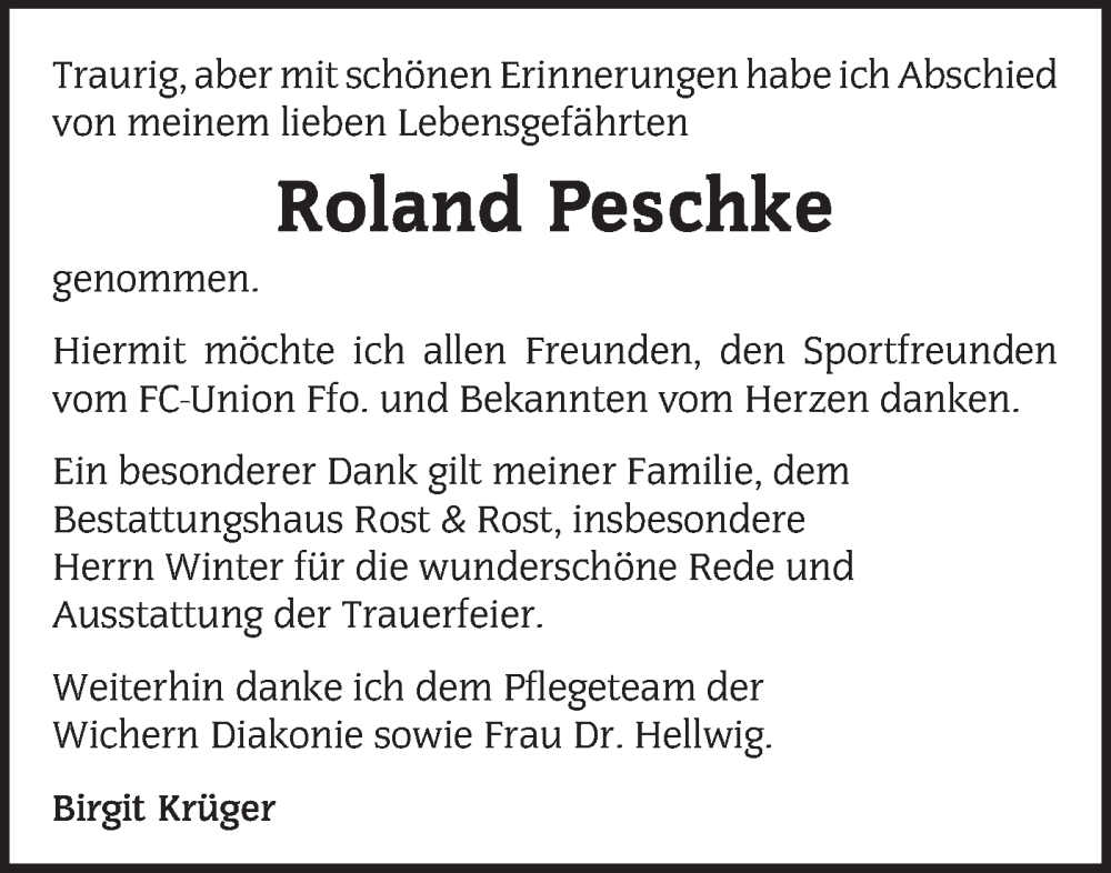  Traueranzeige für Roland Peschke vom 13.12.2025 aus Märkische Oderzeitung