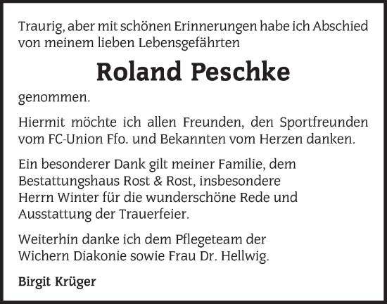 Traueranzeige von Roland Peschke von Märkische Oderzeitung