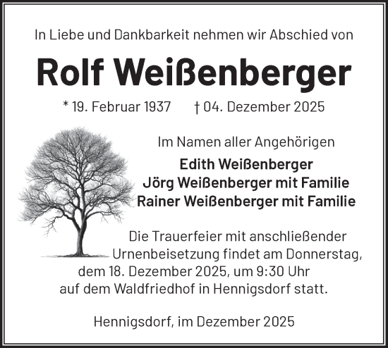 Traueranzeige von Rolf Weißenberger von Märkische Oderzeitung