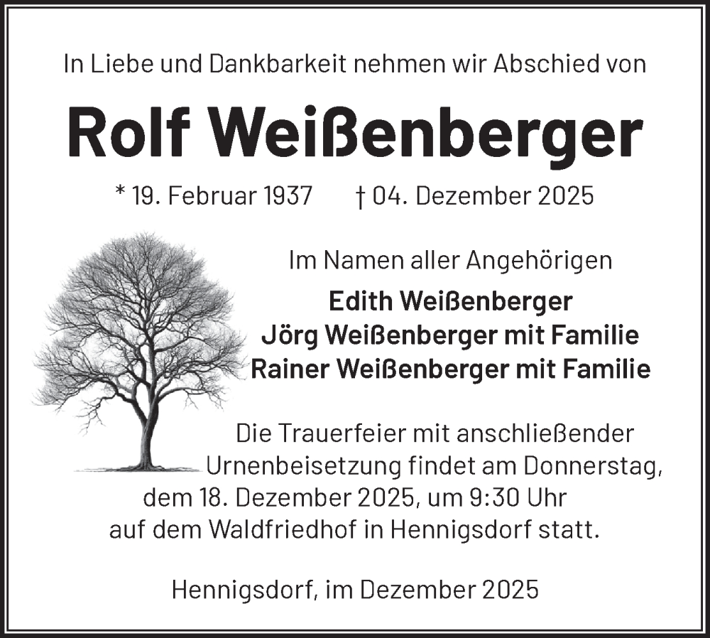  Traueranzeige für Rolf Weißenberger vom 13.12.2025 aus Märkische Oderzeitung