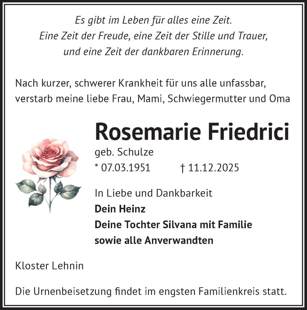  Traueranzeige für Rosemarie Friedrici vom 20.12.2025 aus Märkische Oderzeitung