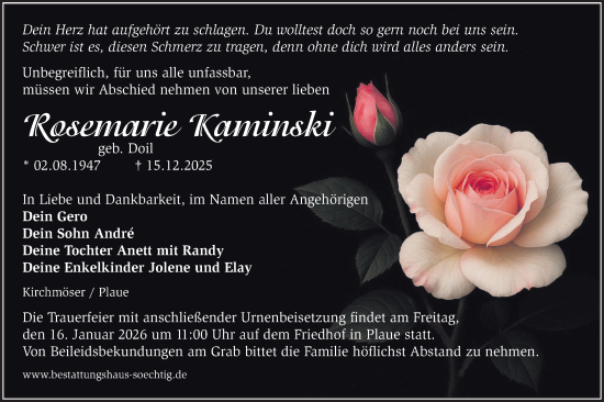 Traueranzeige von Rosemarie Kaminski von Märkische Oderzeitung