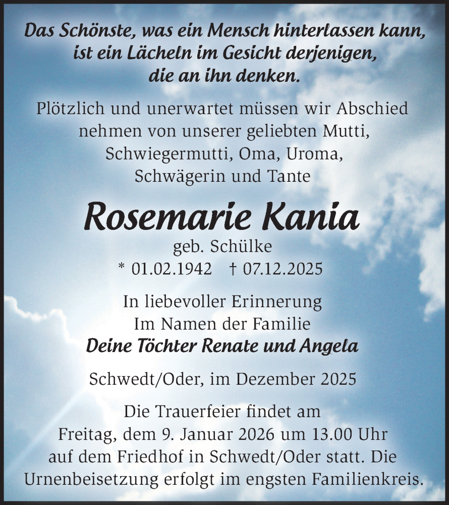  Traueranzeige für Rosemarie Kania vom 20.12.2025 aus MO Uckerm.-Anz.