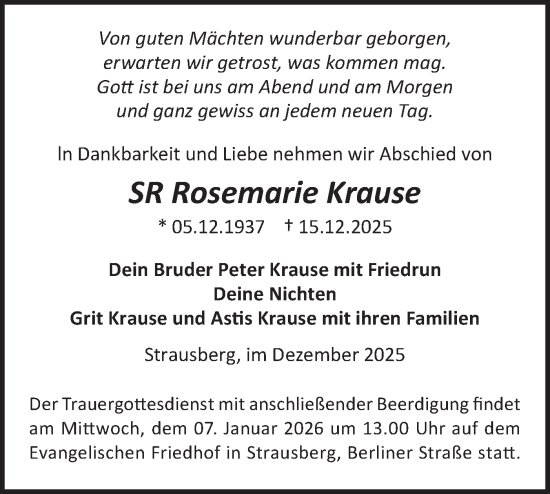 Traueranzeige von Rosemarie Krause von Märkische Oderzeitung
