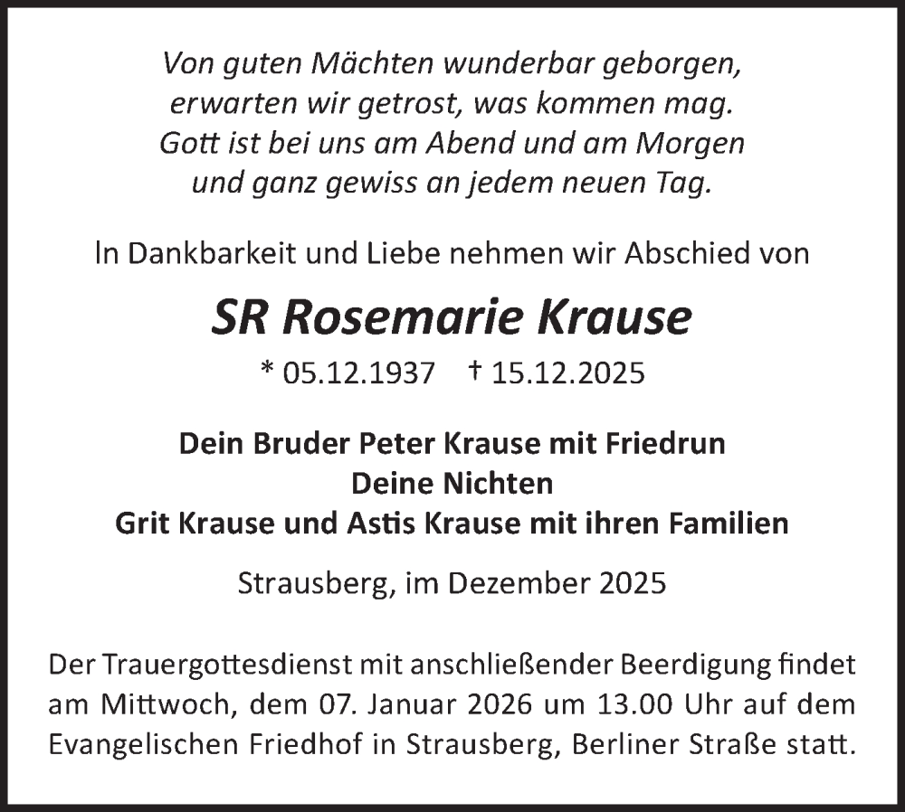  Traueranzeige für Rosemarie Krause vom 27.12.2025 aus Märkische Oderzeitung