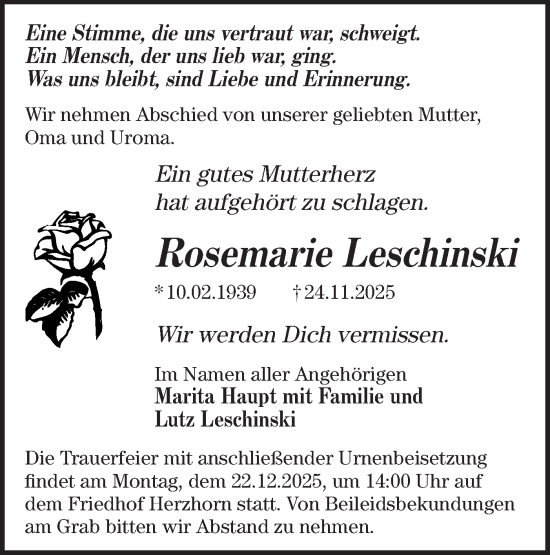 Traueranzeige von Rosemarie Leschinski von Märkische Oderzeitung