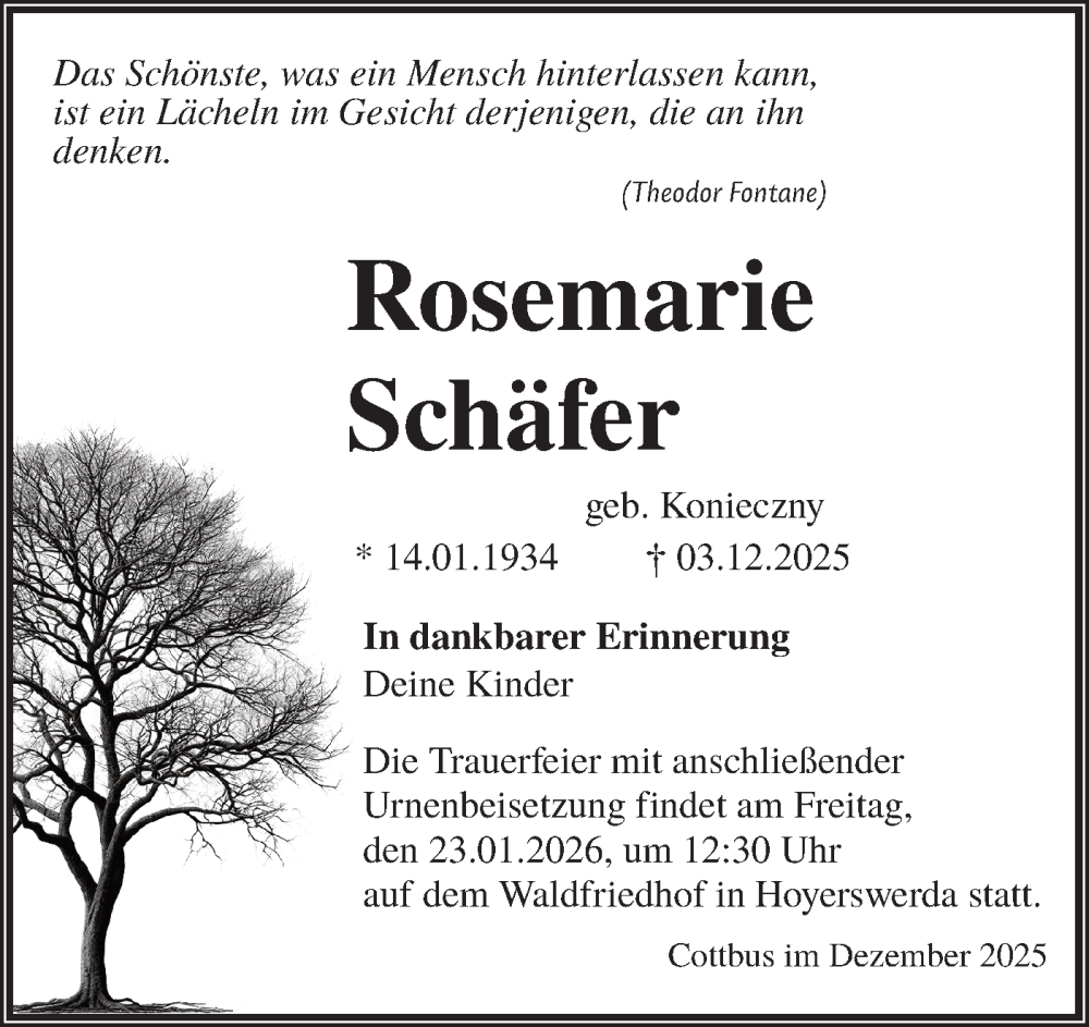  Traueranzeige für Rosemarie Schäfer vom 13.12.2025 aus Märkische Oderzeitung