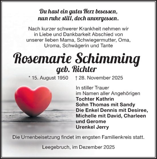 Traueranzeige von Rosemarie Schimming von Märkische Oderzeitung