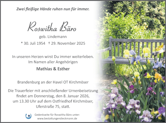 Traueranzeige von Roswitha Bäro von Märkische Oderzeitung