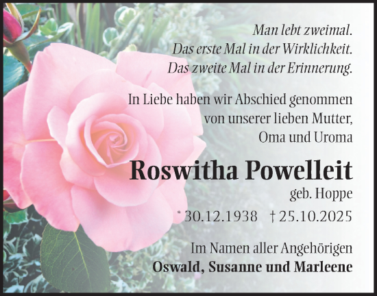 Traueranzeige von Roswitha Powelleit von Märkische Oderzeitung
