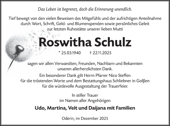 Traueranzeige von Roswitha Schulz von Blickpunkt Königs Wusterhausen