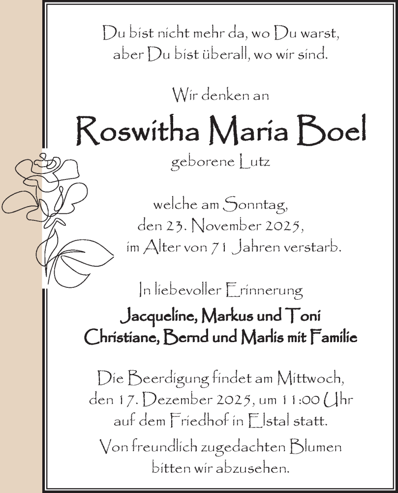  Traueranzeige für Roswitha Maria Boel vom 06.12.2025 aus Märkische Oderzeitung