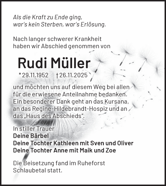 Traueranzeige von Rudi Müller von Märkische Oderzeitung